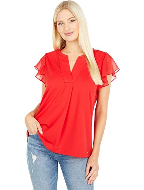 Calvin Klein V-Neck Blouse with Ruffle Sleeves