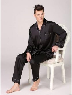 Men Lapel Collar Button Front Satin PJ Set