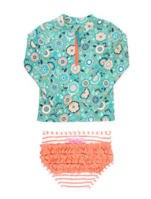 RuffleButts Baby/Toddler Girls Long Sleeve Rash Guard 2 Piece Swimsuit Set w/UPF 50+ Sun Protection with Zipper