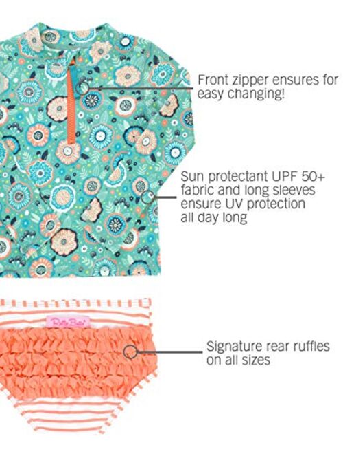 RuffleButts Baby/Toddler Girls Long Sleeve Rash Guard 2 Piece Swimsuit Set w/UPF 50+ Sun Protection with Zipper