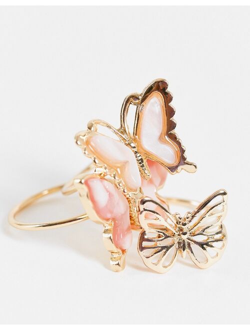 Monki Papillon butterfly 3 pack rings in gold
