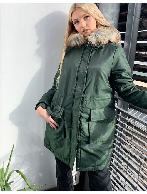 Pieces parka with faux fur hood in khaki