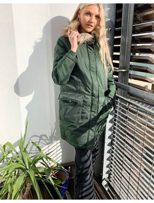 Pieces parka with faux fur hood in khaki