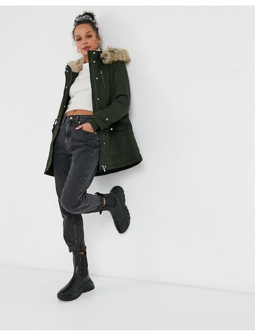 New Look parka with faux-fur hood in khaki