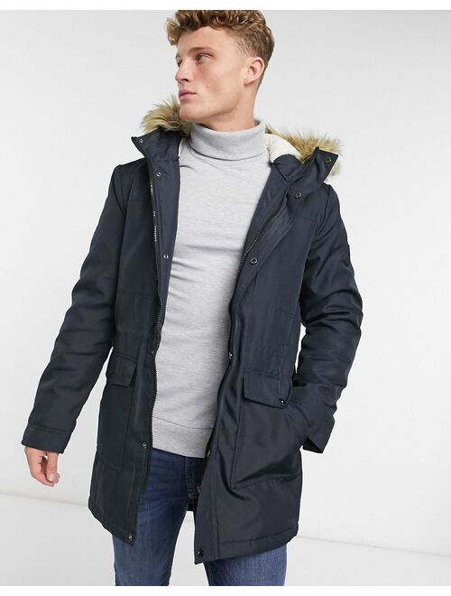 Only & Sons parka with teddy lined hood and removable faux fur trim in navy