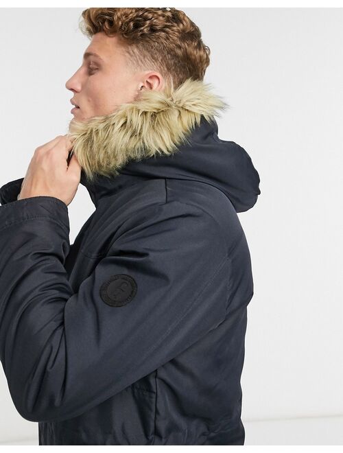 Only & Sons parka with teddy lined hood and removable faux fur trim in navy