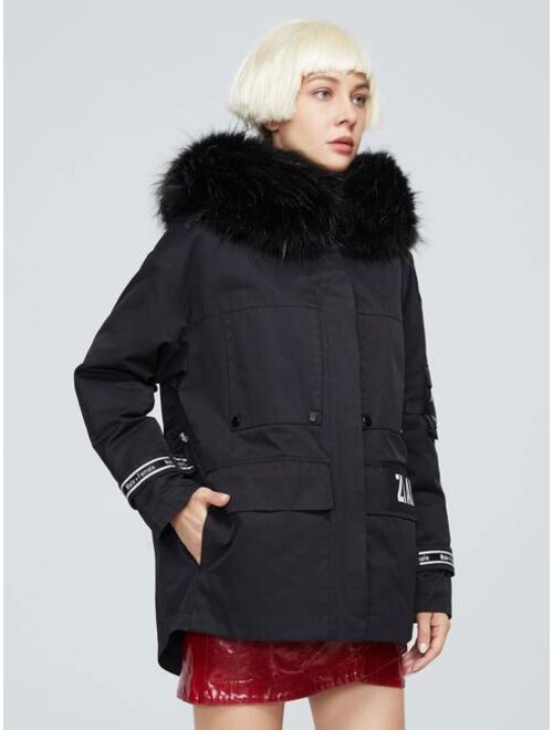 Shein ZIAI Letter Tape Patch Detail Hooded Parka Coat