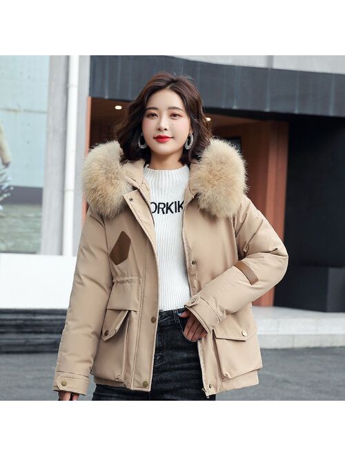 Short Cotton Liner Parka Solid Color Winter Jacket Women 2021 New Big Pocket With Fur Collar Ladies Casual Hooded Parka Coat