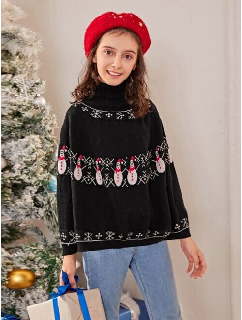 SHEIN Girls Christmas Pattern Ponchos Sweater