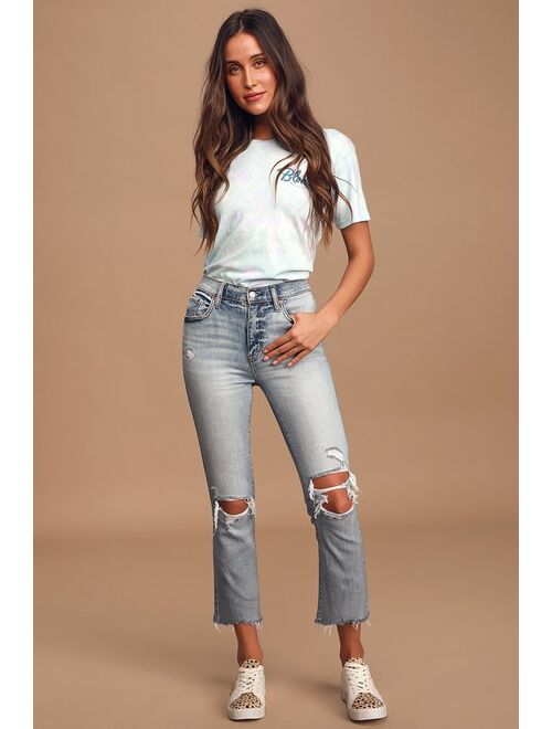 Lulus DAZE DENIM Shy Girl Light Wash High-Waisted Distressed Cropped Flair Jeans