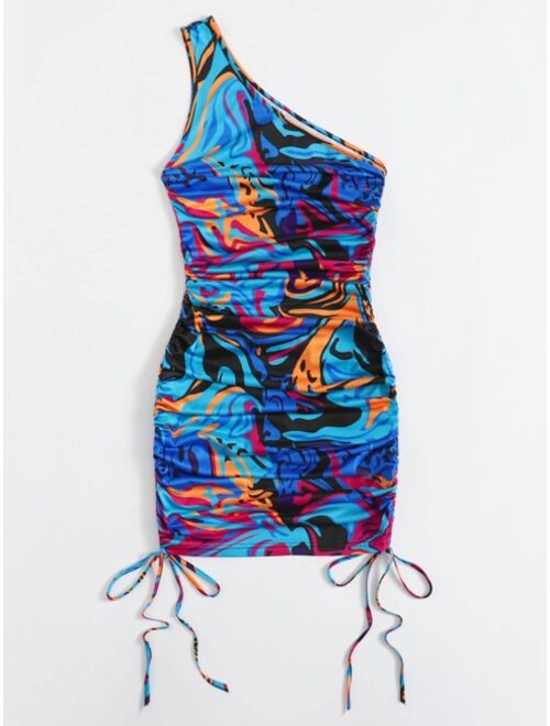 SHEIN One Shoulder Drawstring Ruched Side Graphic Print Dress