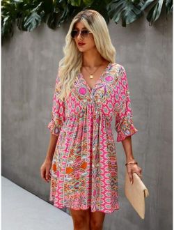All Over Print Wrap Neck Tie Back Dress