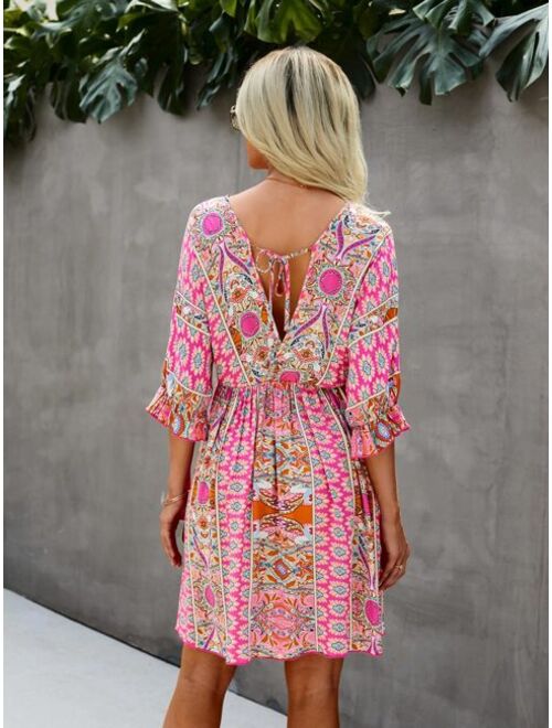 Shein All Over Print Wrap Neck Tie Back Dress