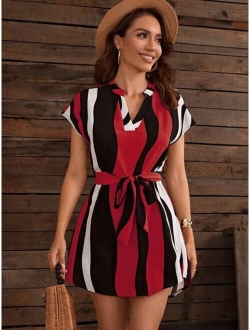 Notched Colorblock Belted Dress