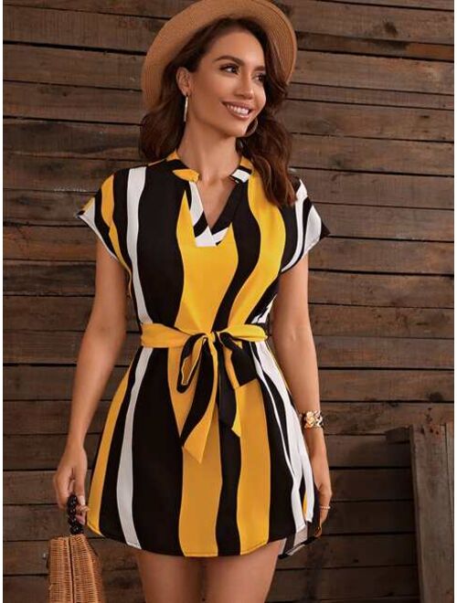Shein Notched Colorblock Belted Dress