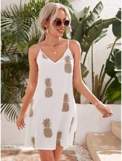 Double V-neck Pineapple Print Cami Dress