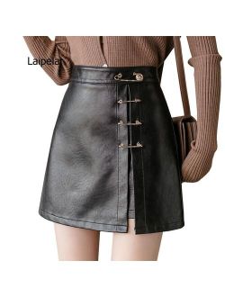 Laipelar 2021 Summer New Fashion Metal Pin Decorative Skirt Shorts Solid Color Lady High Waist Wide Leg Shorts Women Skirts