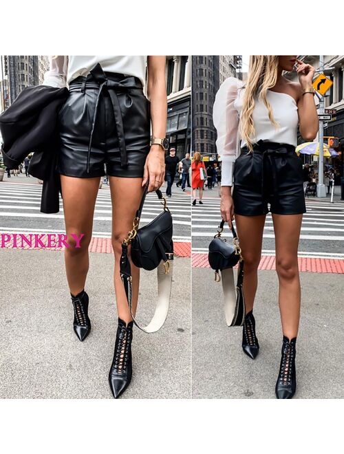 PU Leather High Waist Shorts Women Black Shorts With Belt Bow Casual Sexy Short Fashion Streetwear Ladies Autumn Winter D30