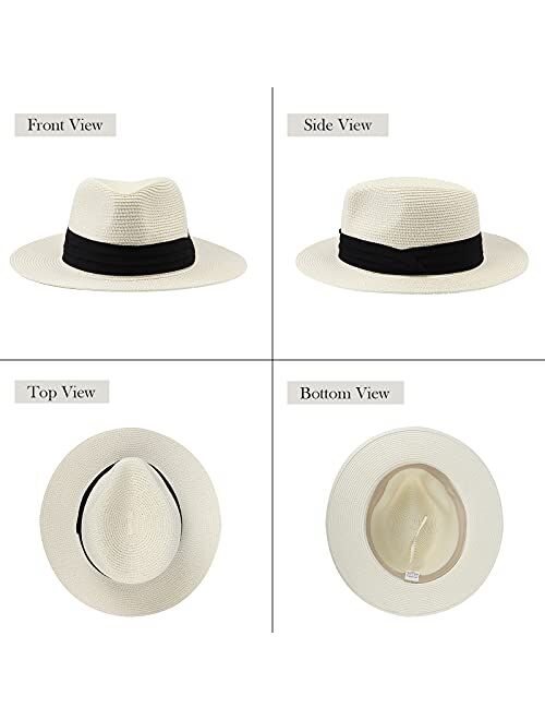 DRESHOW Women Straw Panama Hat Fedora Beach Sun Hat Vintage Headband Wide Brim Straw Roll up Hat UPF 30+
