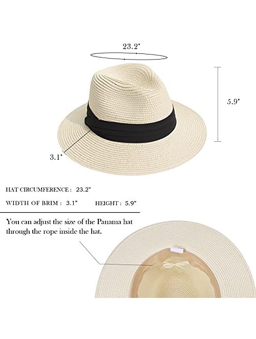 DRESHOW Women Straw Panama Hat Fedora Beach Sun Hat Vintage Headband Wide Brim Straw Roll up Hat UPF 30+