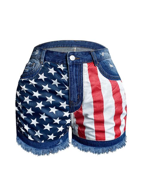 MIVAMIYA American Flag 4th of July Women High Waisted Distressed Jean Shorts Ripped Short Jeans Frayed Raw Hem Hot Pants