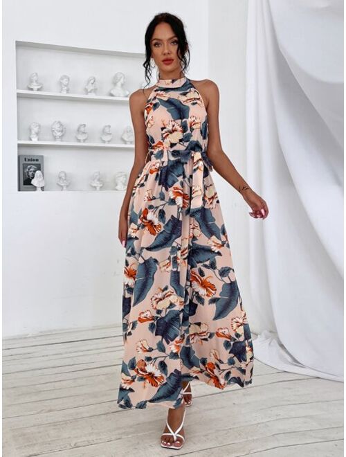 Shein Tropical Print Halter Neck Maxi Dress