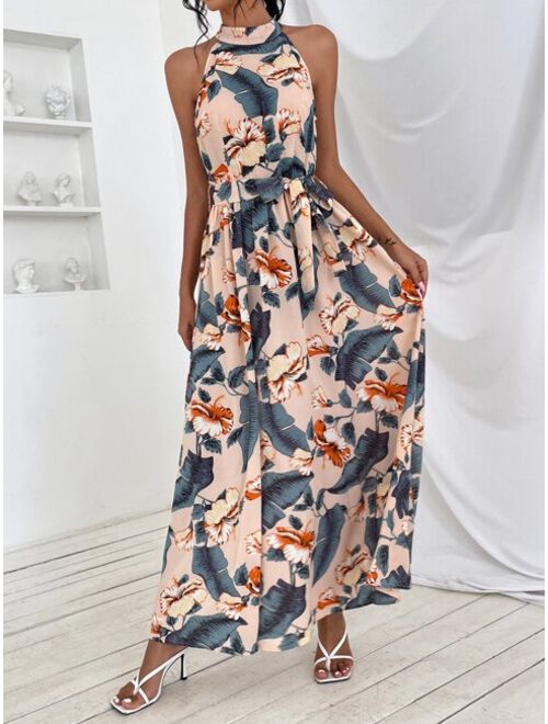 Shein Tropical Print Halter Neck Maxi Dress