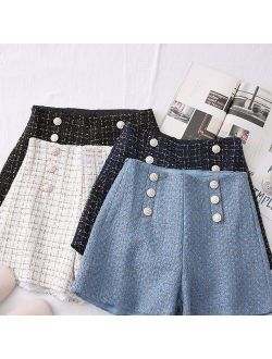 New High Waist Tweed Shorts Women Casual Loose Ladies Fashion Spring Autumn Slim Button Shorts All-match booty shorts