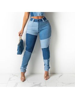 Casaul Women Jeans Pant Color Patchwork High Waist With Bottom Stretch Streetwear Summer Clothes For Women