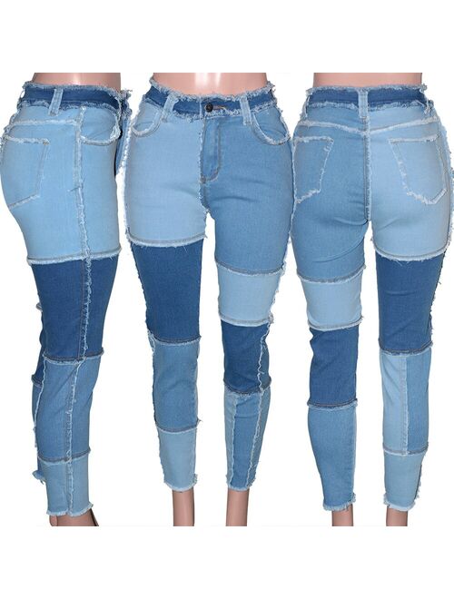 Casaul Women Jeans Pant Color Patchwork High Waist With Bottom Stretch Streetwear Summer Clothes For Women