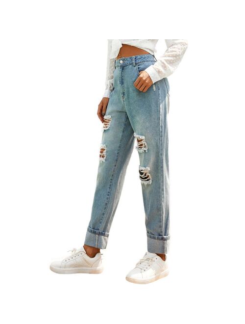 Y2K High Waist Ripped Denim Slim Ladies Straight Jeans High Waist Solid Color Wide Leg Jeans Women Street Solid Color Slim