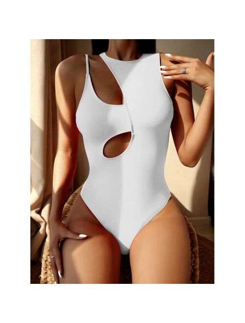 New 2021 Sexy Hollow Out Bikini Set for Women One Piece Swimsuit Solid Halter Slim Swimwear Bathing Suit Female Beach Wear
