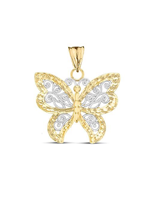 Elegant 10k Two-Tone Yellow Gold Filigree & Sparkle-Cut Butterfly Charm Pendant