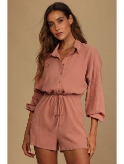 Day to Day Chic Blush Pink Drawstring Long Sleeve Romper