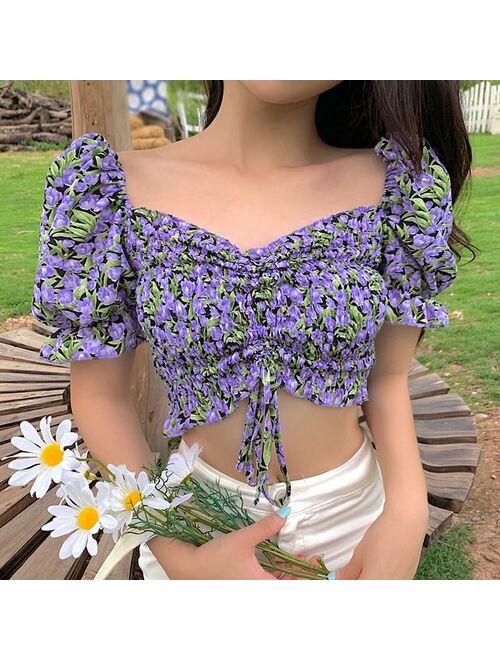 New Women Floral Print Blouses Summer Sweet Short Sleeve Ladies Slash Neck Shirt 2020 Female Tops