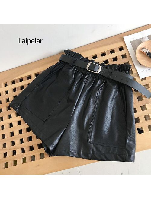 Women Leather Shorts with Belt Front Pocket Fall Winter Faux Wide Leg High Waist Shorts Khaki Outfit