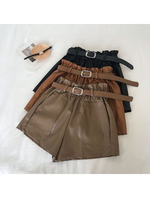 Women Leather Shorts with Belt Front Pocket Fall Winter Faux Wide Leg High Waist Shorts Khaki Outfit