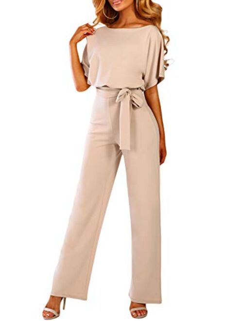 Happy Sailed Women Casual Loose Short Sleeve Belted Wide Leg Pant Romper Jumpsuits