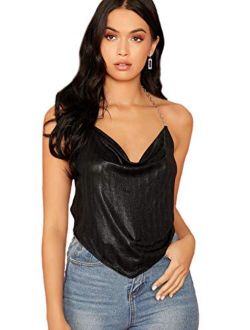 Women's Sexy Backless Mesh Sheer Glitter Chain Strap Halter Cami Top for Party Open Back See Through