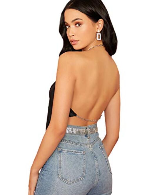SheIn Women's Sexy Backless Mesh Sheer Glitter Chain Strap Halter Cami Top for Party Open Back See Through
