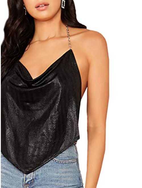 SheIn Women's Sexy Backless Mesh Sheer Glitter Chain Strap Halter Cami Top for Party Open Back See Through