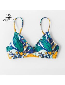 Green Floral Bikini Top Women Sexy Lace Up Tank Single Padded Bra Top 2021 New Girls Separate Swimwear Bathing Bra Top