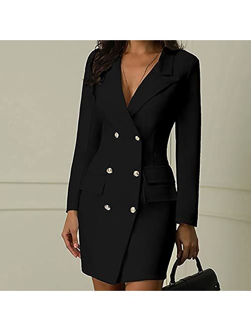 Usaliu Dress for Women, V Neck Solid Dress Long Sleeve Bodycon Dress Double Breasted Button Dress Office Lady Suit Dress