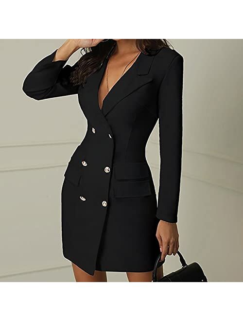 Usaliu Dress for Women, V Neck Solid Dress Long Sleeve Bodycon Dress Double Breasted Button Dress Office Lady Suit Dress