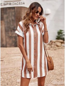 Two Tone Striped Button Front Shirt Dress Without Belt