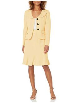 Women's 3 Button Notch Collar Stretch Crepe Flounce Hem Skirt Suit