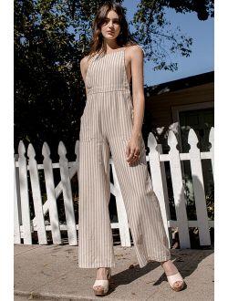 Get Away Beige Striped Tie-Strap Overalls