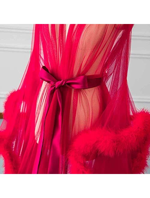 PearlBridal Women's Sexy Robe Illusion Long Lingerie Nightgown Perspective Sheer Bathrobe Sleepwear Wedding Scarf
