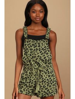 Wildly Casual Green Leopard Print Drawstring Short Overalls