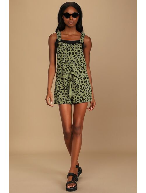 Lulus Wildly Casual Green Leopard Print Drawstring Short Overalls